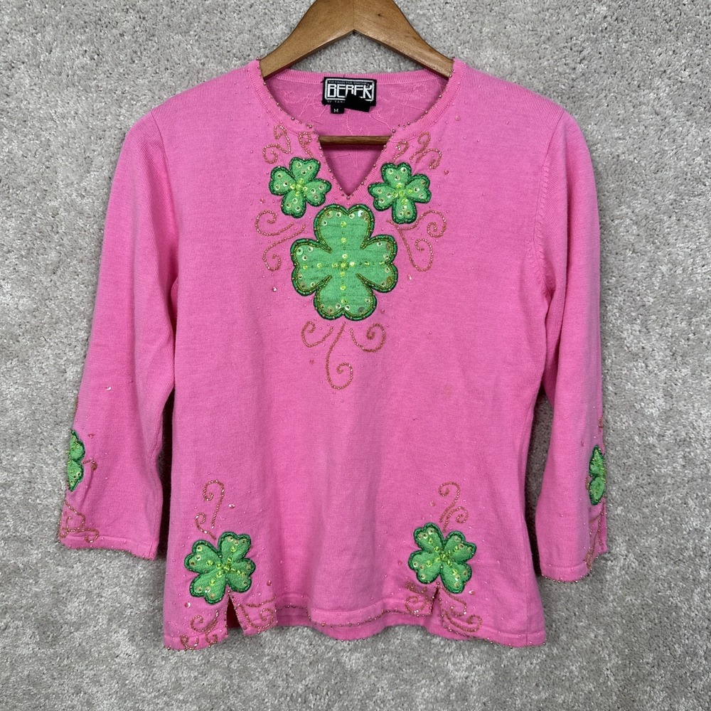 Vintage Sweater Collective Works Of Berek St Patricks Day Clovers Pink Lucky M